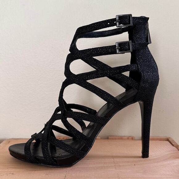 VINCE CAMUTO Cage Black Sparkling Glitter Heels 7.5 Night Out Statement Stiletto - Picture 11 of 16